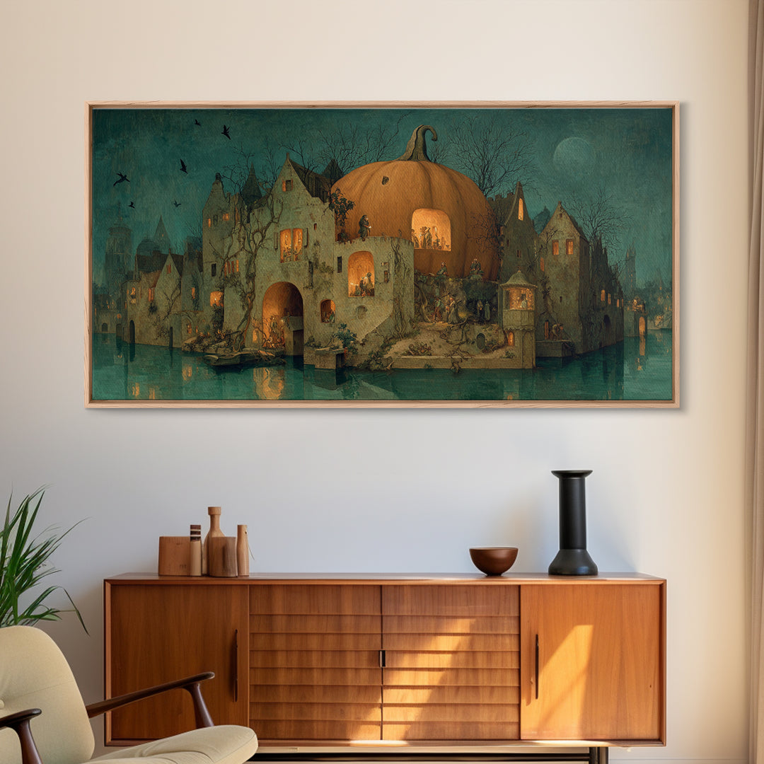 The Pumpkin-House Neighborhood, Medieval Grotesque Art, Wide Panoramic Art, Macabre Wall Art, Framed Canvas Print, Halloween Wall Art