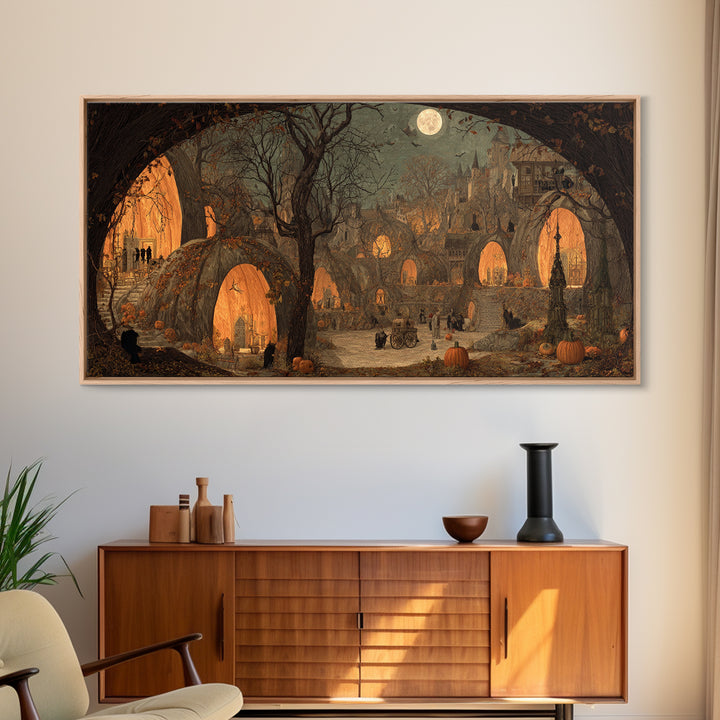 The Pumpkin-House Neighborhood, Northern Renaissance Horror, Wide Panoramic Art, Dark Fantasy Wall Art, Framed Canvas Print