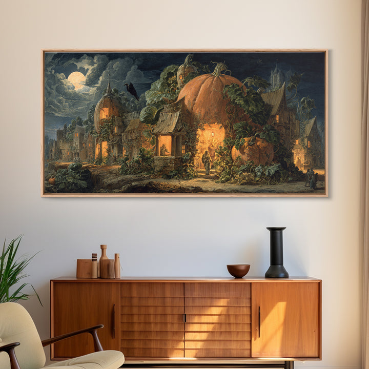 The Pumpkin-House Neighborhood, Dark Renaissance Art, Wide Panoramic Art, Dark Halloween Decor, Framed Canvas Print