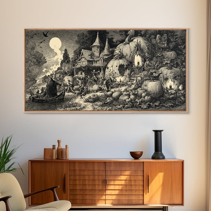 The Pumpkin-House Neighborhood, Renaissance Engraving Art, Wide Panoramic Art, Dark Halloween Decor, Canvas Print, Halloween Wall Art
