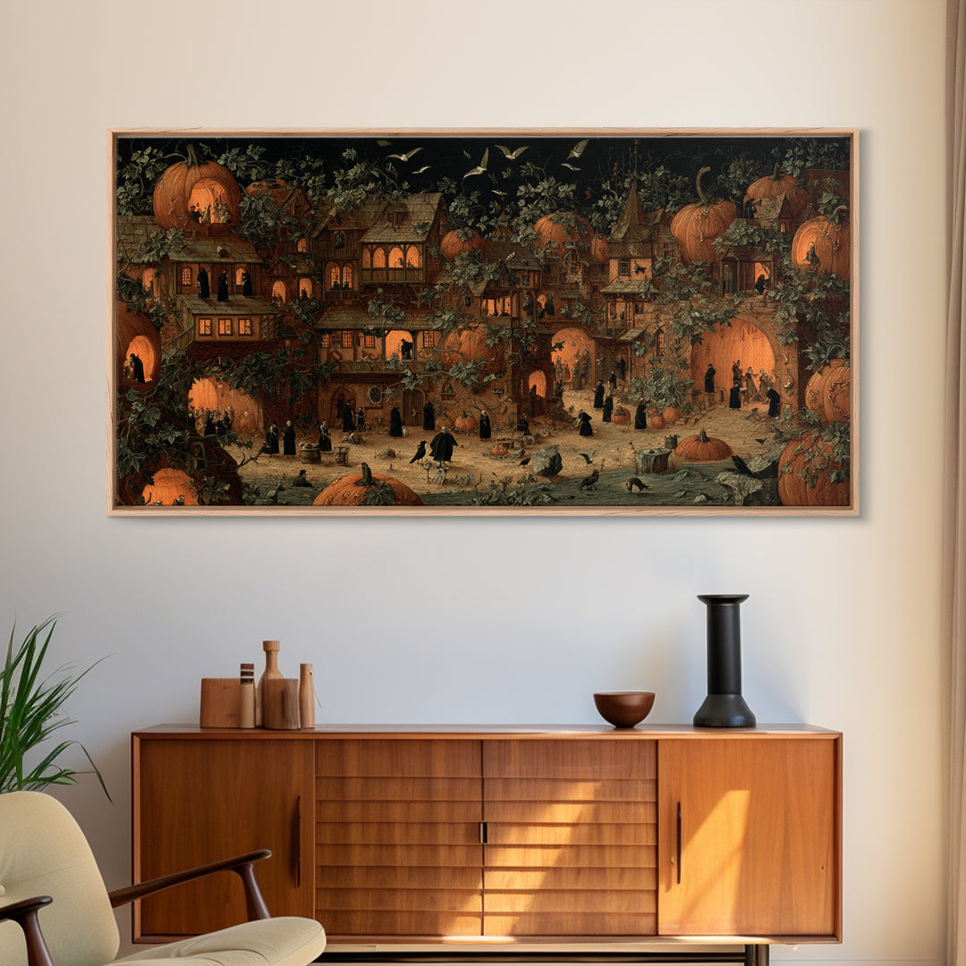 The Pumpkin-House Neighborhood, Danse Macabre Art, Wide Panoramic Art, Macabre Wall Art, Framed Canvas Print