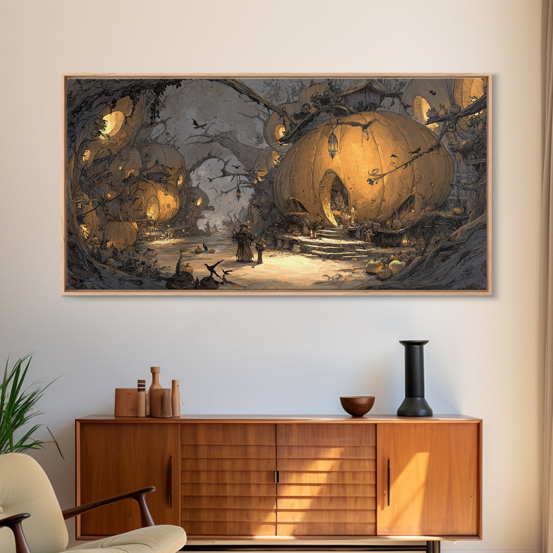 The Pumpkin-House Neighborhood, Baroque Witchcraft Art, Wide Panoramic Art, Dark Halloween Decor, Framed Canvas Print