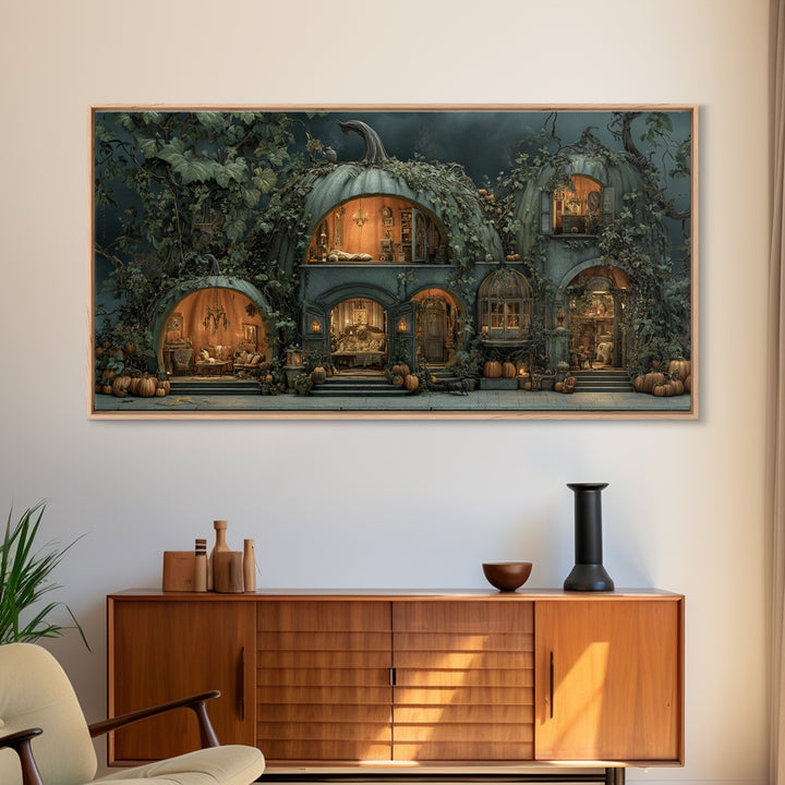 The Pumpkin-House Neighborhood, Gothic Nightmare Art, Wide Panoramic Art, Dark Halloween Decor, Canvas Print, Halloween Wall Art