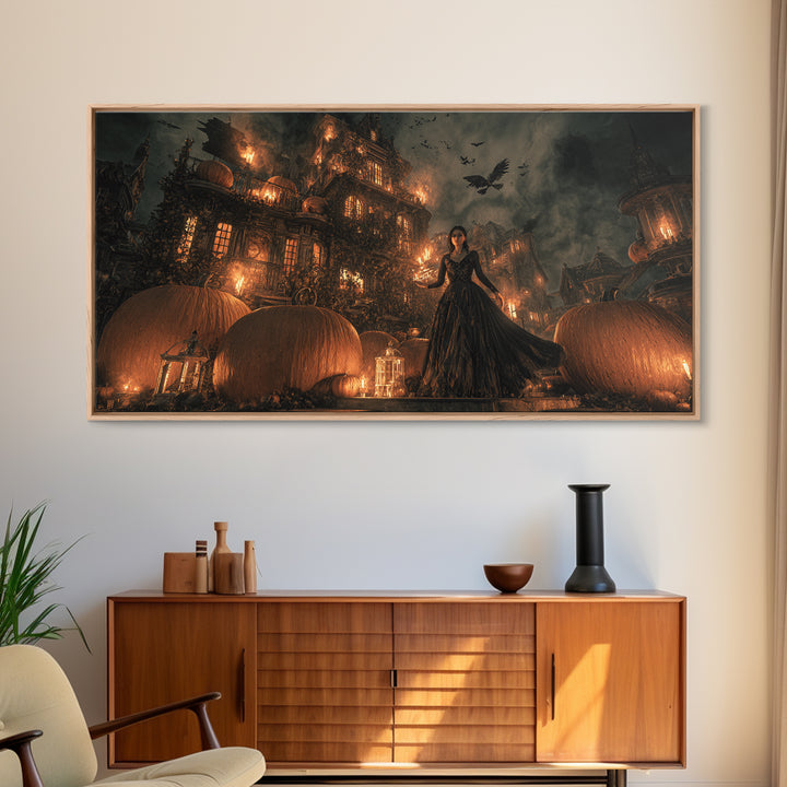 The Pumpkin-House Neighborhood, Visionary Gothic Art, Wide Panoramic Art, Macabre Wall Art, Framed Canvas Print, Halloween Wall Art