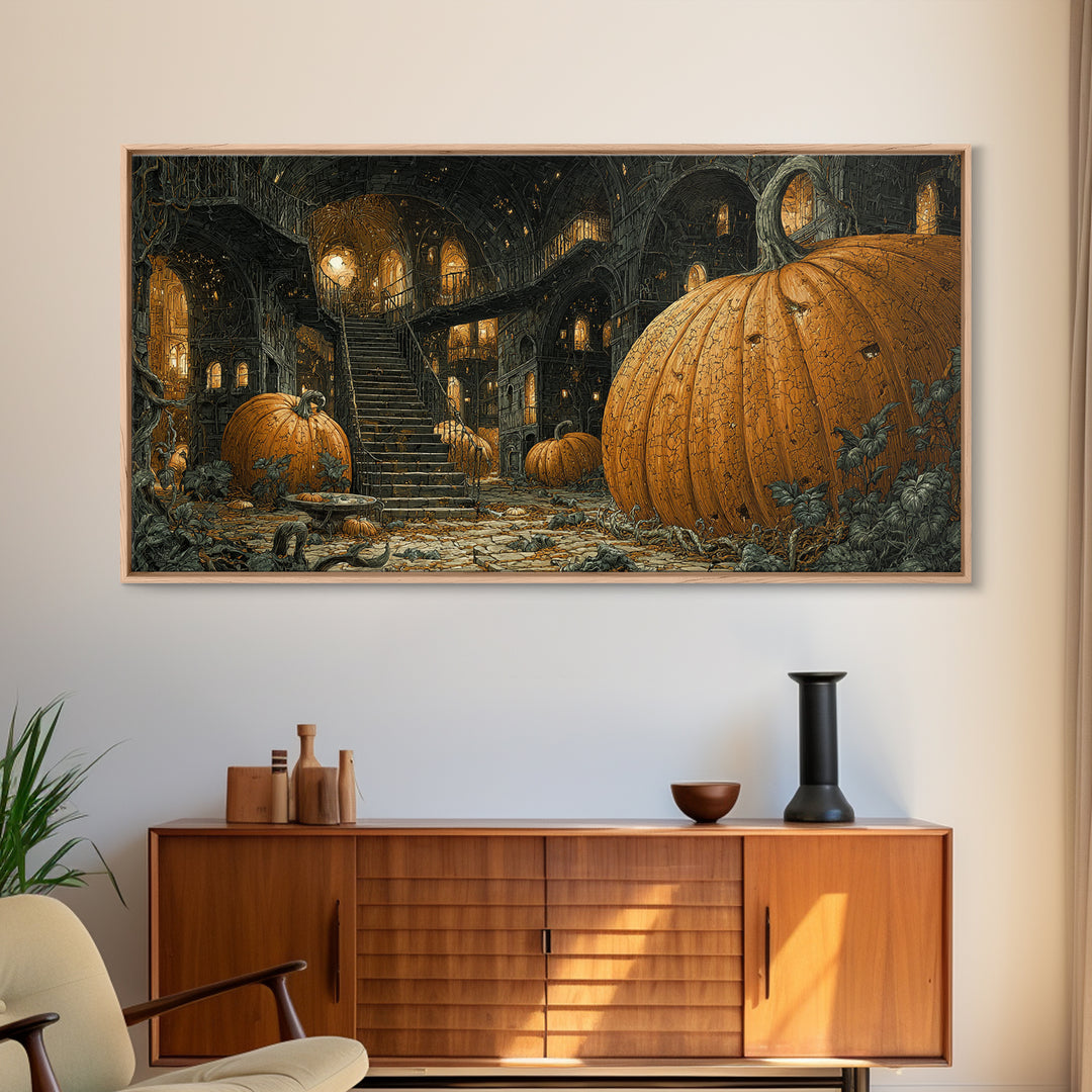 The Pumpkin-House Neighborhood, Architectural Etching Art, Wide Panoramic Art, Gothic Horror Wall Art, Canvas Print