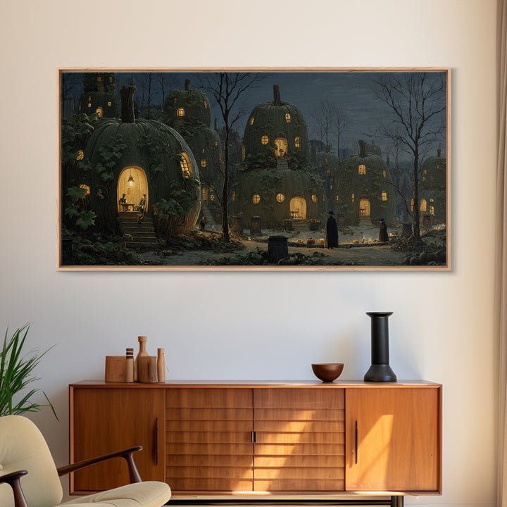 The Pumpkin-House Neighborhood, Romantic Gothic Landscape, Wide Panoramic Art, Macabre Wall Art, Framed Canvas Print