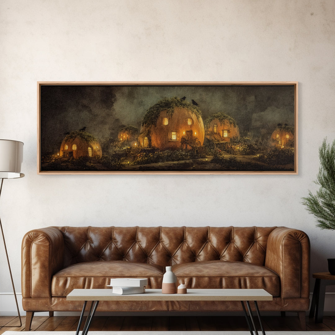 The Pumpkin-House Neighborhood, Symbolist Dream Art, Extra Wide Wall Art, Dark Fantasy Wall Art, Framed Canvas Print, Halloween Decor
