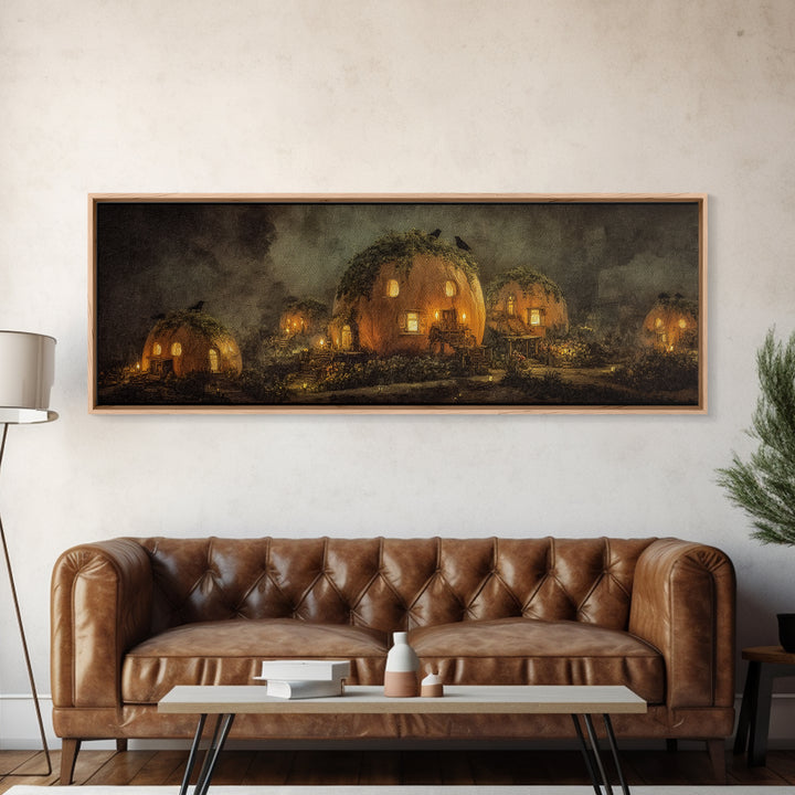The Pumpkin-House Neighborhood, Symbolist Dream Art, Extra Wide Wall Art, Dark Fantasy Wall Art, Framed Canvas Print, Halloween Decor