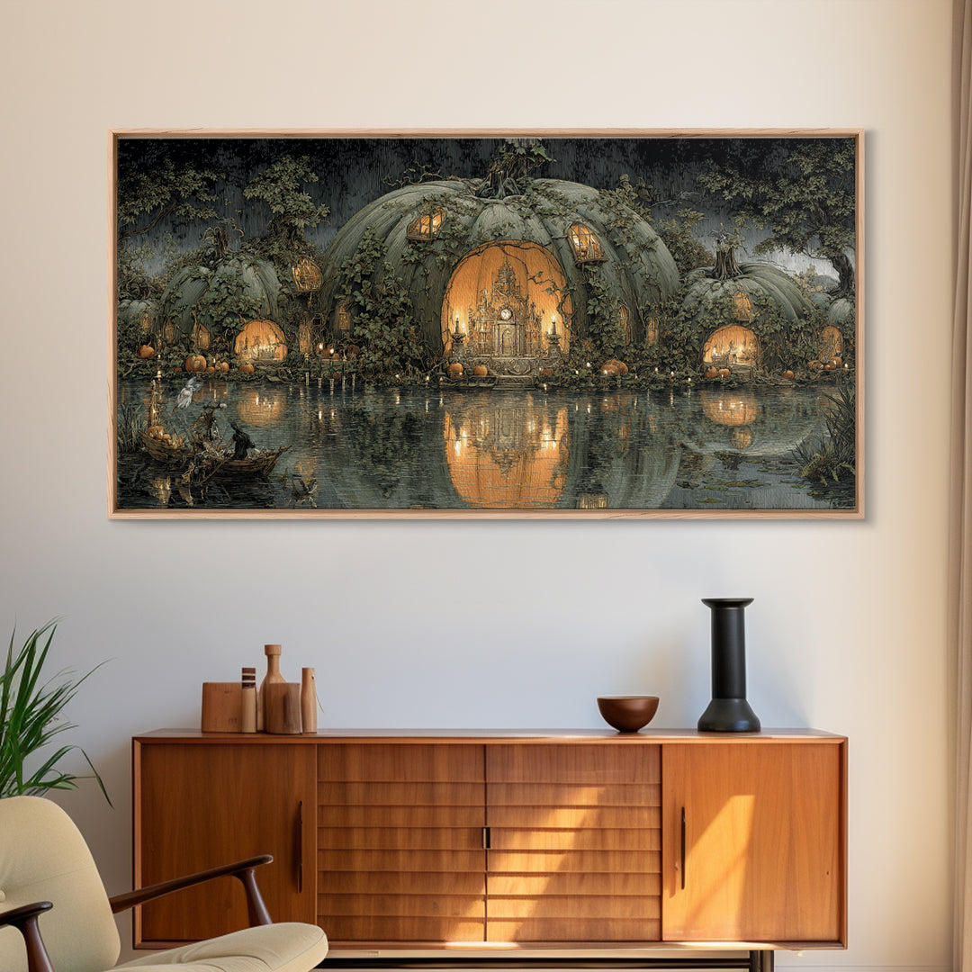The Pumpkin-House Neighborhood, Symbolist Gothic Landscape, Wide Panoramic Art, Dark Halloween Decor, Canvas Print, Halloween Wall Art