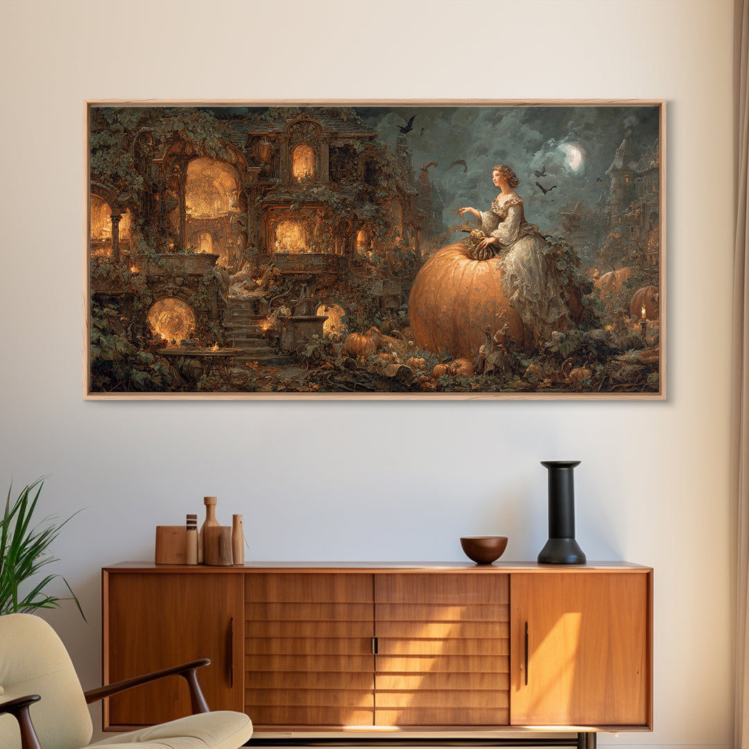 The Pumpkin-House Neighborhood, Ornate Symbolist Art, Wide Panoramic Art, Dark Halloween Decor, Framed Canvas Print