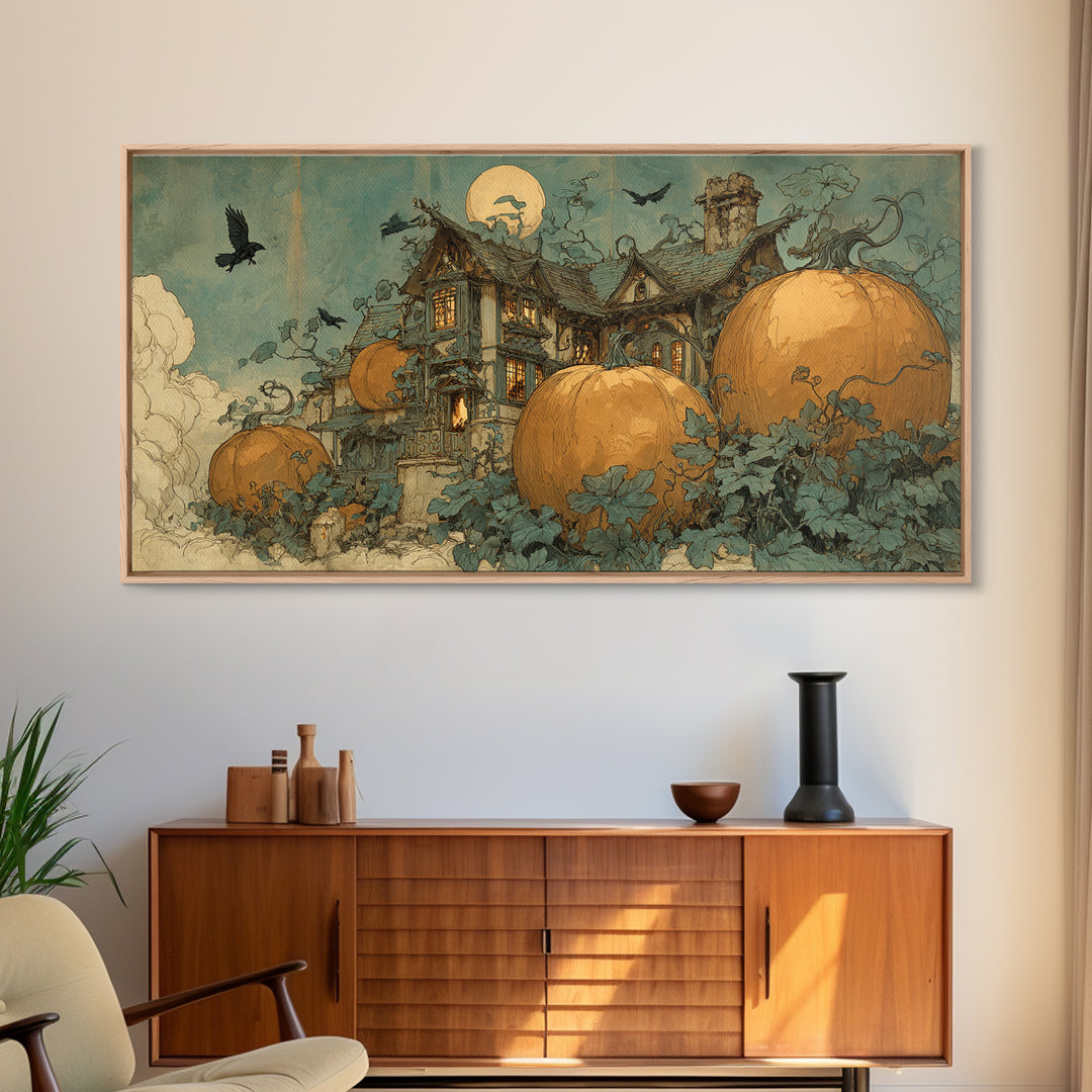 The Pumpkin-House Neighborhood, Decadent Gothic Art, Wide Panoramic Art, Dark Fantasy Wall Art, Framed Canvas Print