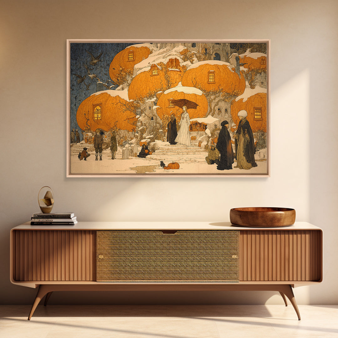 The Pumpkin-House Neighborhood, Symbolist Death Art, Landscape Wall Art, Macabre Wall Art, Framed Canvas Print, Halloween Wall Art