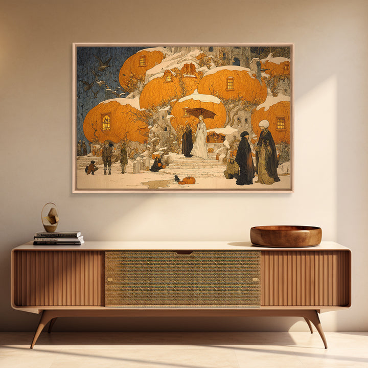 The Pumpkin-House Neighborhood, Symbolist Death Art, Landscape Wall Art, Macabre Wall Art, Framed Canvas Print, Halloween Wall Art