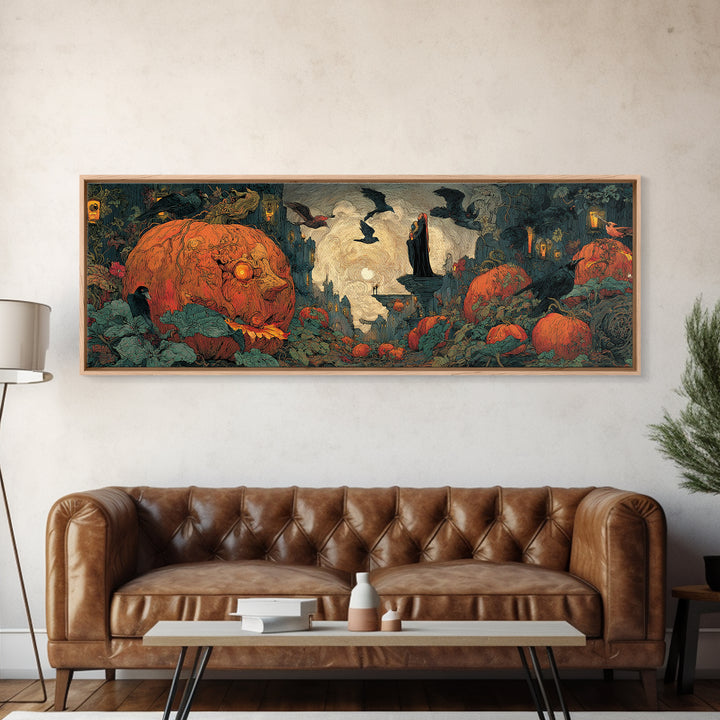 The Pumpkin-House Neighborhood, Dark Symbolist Art, Extra Wide Wall Art, Macabre Wall Art, Framed Canvas Print, Halloween Wall Art
