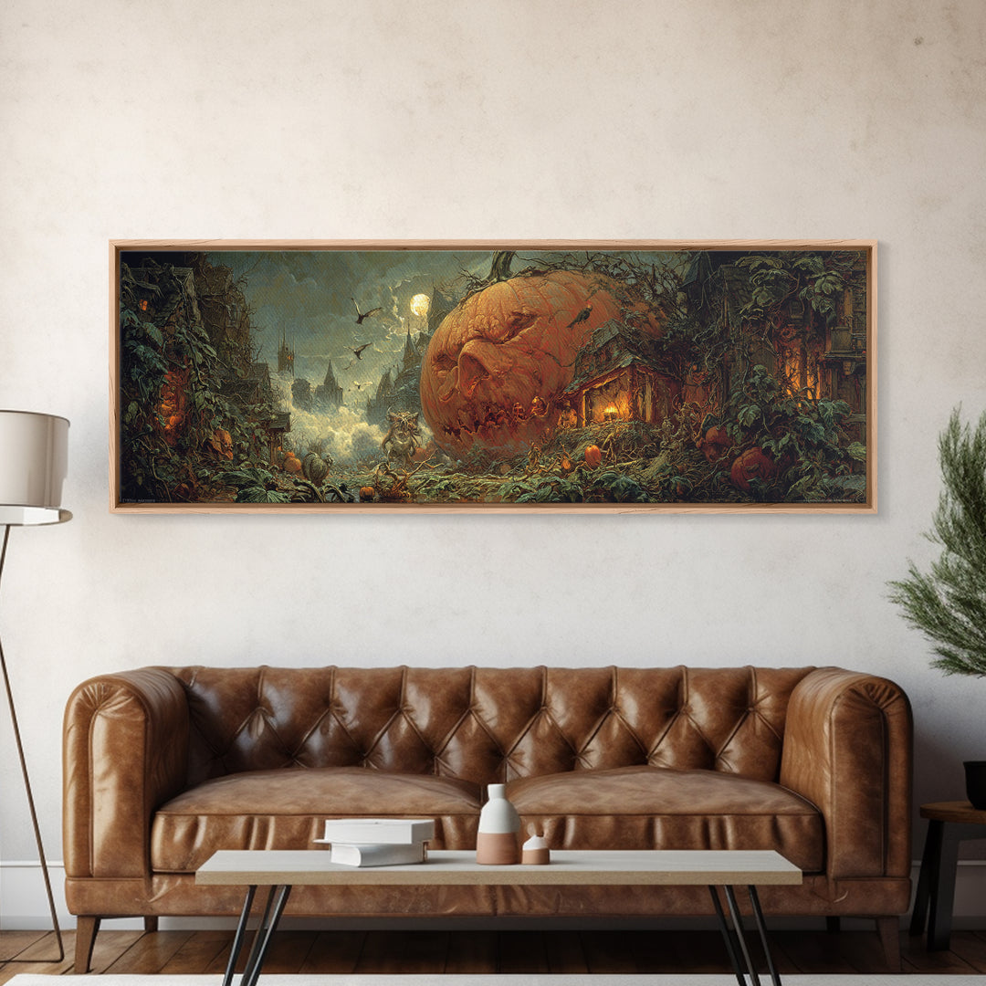 The Pumpkin-House Neighborhood, Symbolist Etching Art, Extra Wide Wall Art, Gothic Horror Wall Art, Framed Canvas Print, Dark Fantasy Art