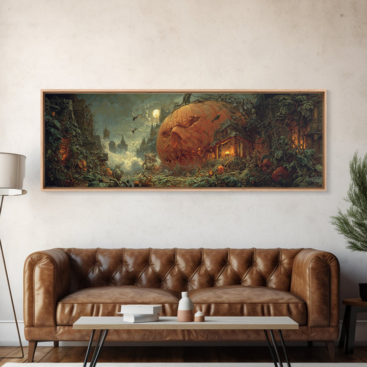 The Pumpkin-House Neighborhood, Symbolist Etching Art, Extra Wide Wall Art, Gothic Horror Wall Art, Framed Canvas Print, Dark Fantasy Art
