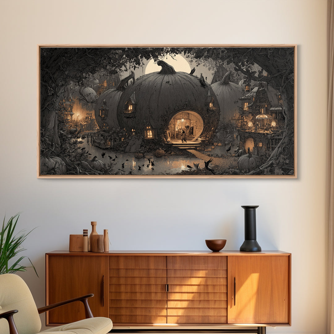 The Pumpkin-House Neighborhood, Expressionist Nightmare Art, Wide Panoramic Art, Gothic Horror Wall Art, Framed Canvas Print
