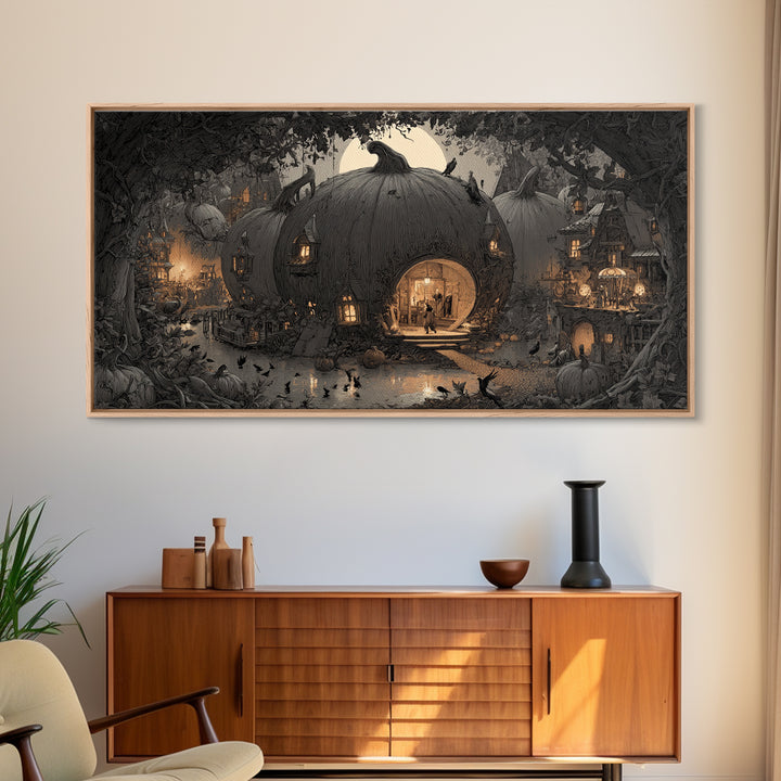 The Pumpkin-House Neighborhood, Expressionist Nightmare Art, Wide Panoramic Art, Gothic Horror Wall Art, Framed Canvas Print