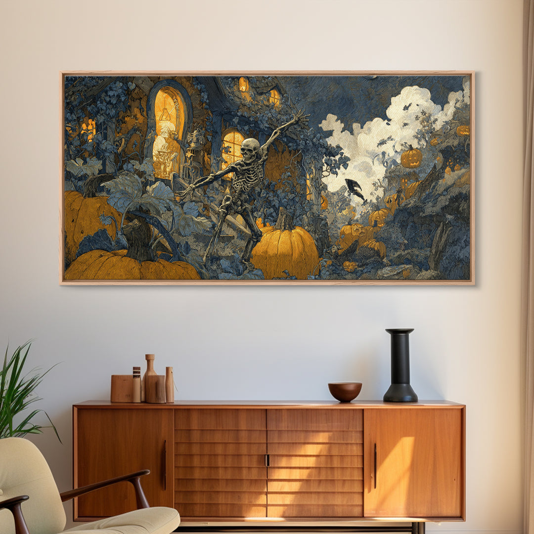 The Pumpkin-House Neighborhood, Grotesque Carnival Art, Wide Panoramic Art, Dark Halloween Decor, Framed Canvas Print, Halloween Wall Art