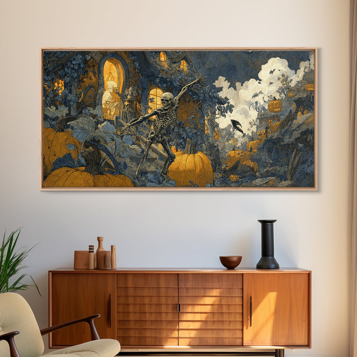 The Pumpkin-House Neighborhood, Grotesque Carnival Art, Wide Panoramic Art, Dark Halloween Decor, Framed Canvas Print, Halloween Wall Art