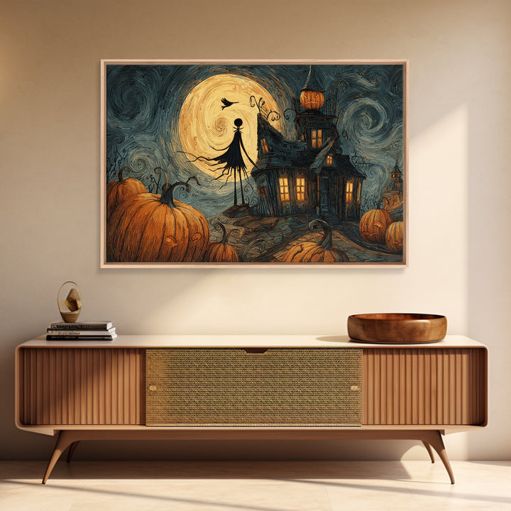 The Pumpkin-House Neighborhood, Expressionist Gothic Art, Landscape Wall Art, Gothic Horror Wall Art, Framed Canvas Print, Dark Fantasy Art