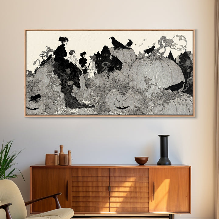 The Pumpkin-House Neighborhood, Decadent Line Art, Wide Panoramic Art, Dark Fantasy Wall Art, Framed Canvas Print