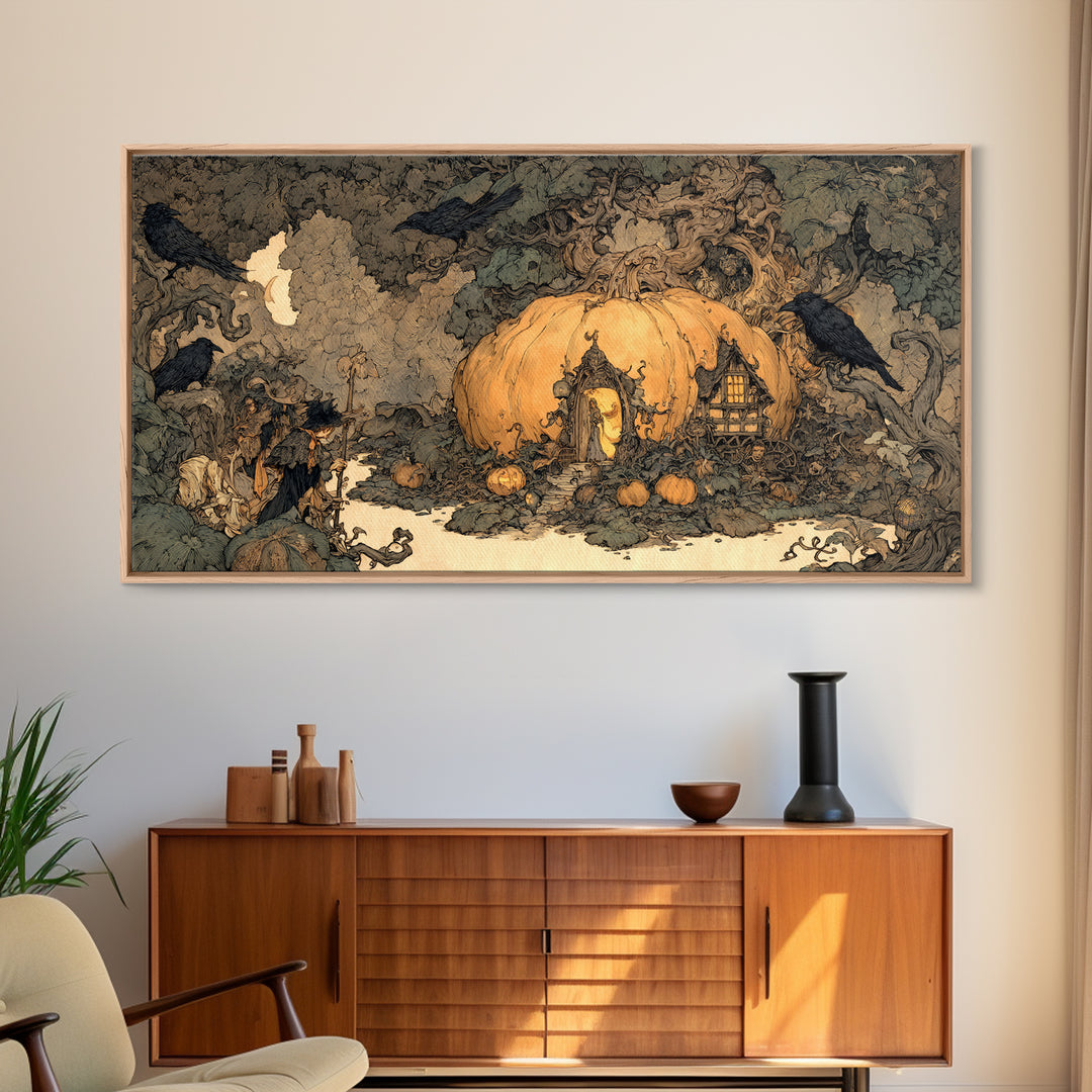 The Pumpkin-House Neighborhood, Gothic Storybook Art, Wide Panoramic Art, Gothic Horror Wall Art, Framed Canvas Print