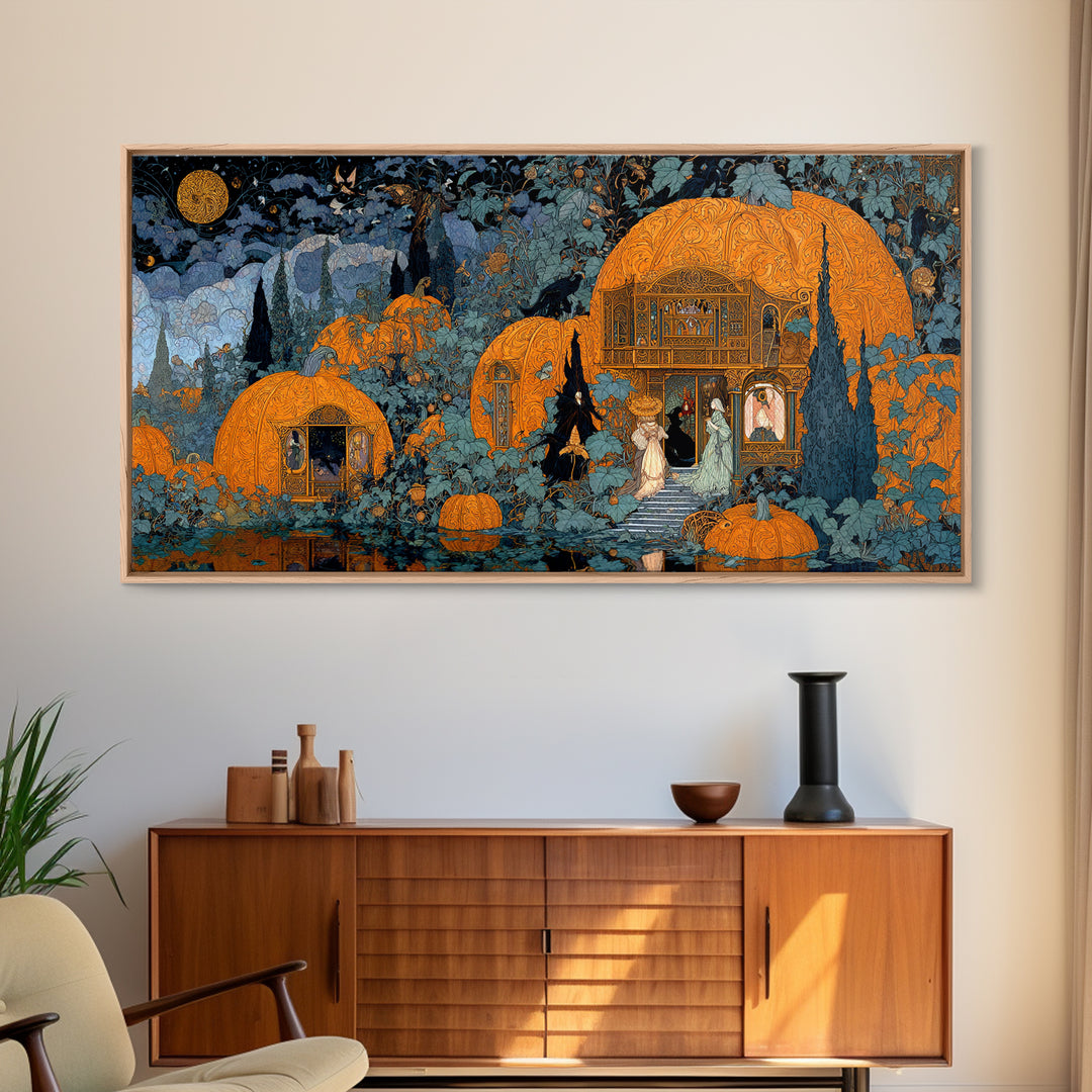 The Pumpkin-House Neighborhood, Stained Glass Gothic Art, Wide Panoramic Art, Dark Halloween Decor, Framed Canvas Print, Halloween Wall Art