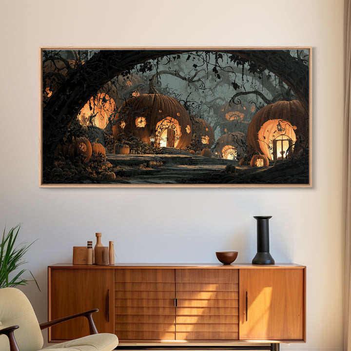 The Pumpkin-House Neighborhood, Macabre Folk Print Art, Wide Panoramic Art, Macabre Wall Art, Framed Canvas Print