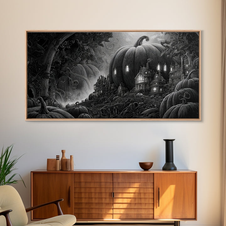 The Pumpkin-House Neighborhood, Biomechanical Horror Art, Wide Panoramic Art, Dark Halloween Decor, Framed Canvas Print, Halloween Wall Art