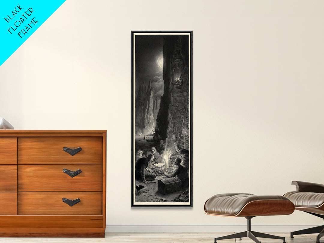 The Ghost Pirate Picnic, Gothic Engraving Art, Tall Narrow Wall Art, Dark Fantasy Wall Art, Framed Canvas Print, Halloween Wall Art