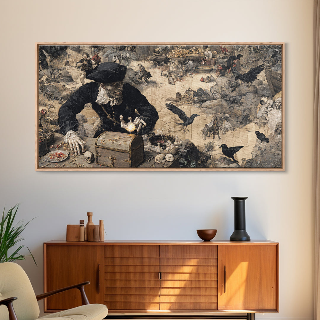 The Ghost Pirate Picnic, Northern Renaissance Horror, Wide Panoramic Art, Macabre Wall Art, Framed Canvas Print