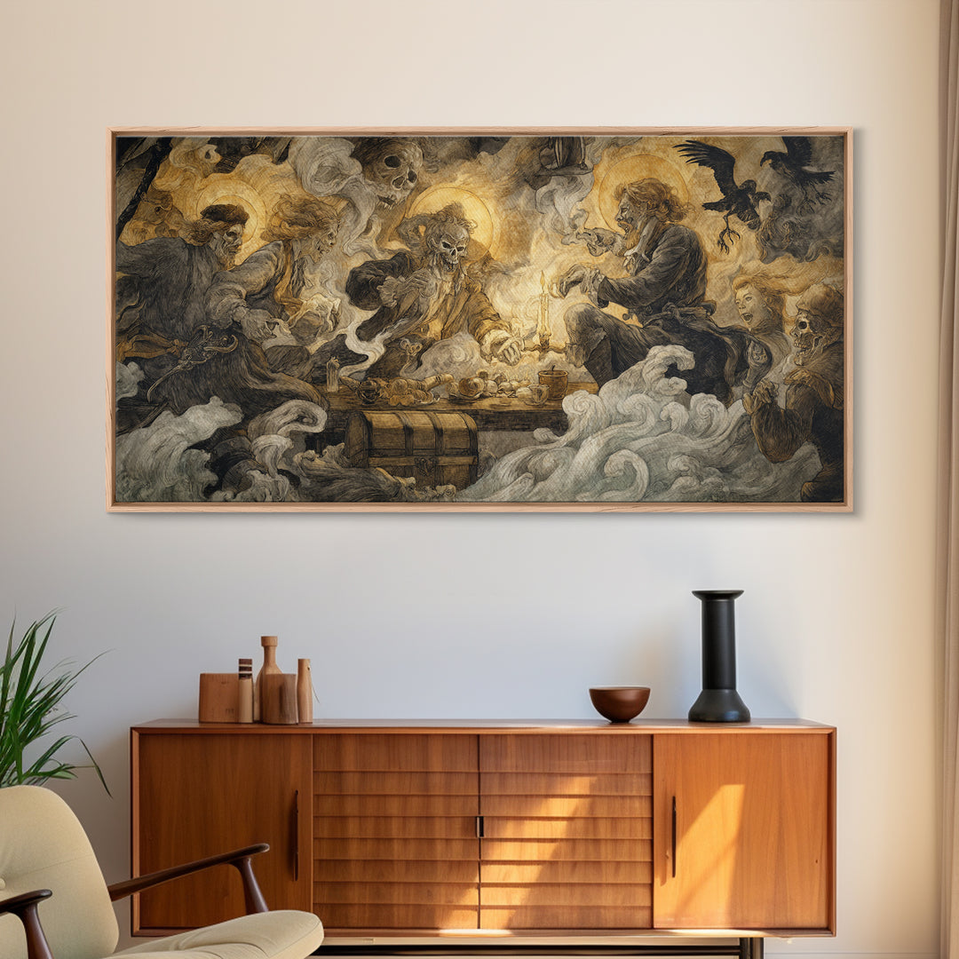 The Ghost Pirate Picnic, Dark Renaissance Art, Wide Panoramic Art, Dark Fantasy Wall Art, Canvas Print, Halloween Wall Art