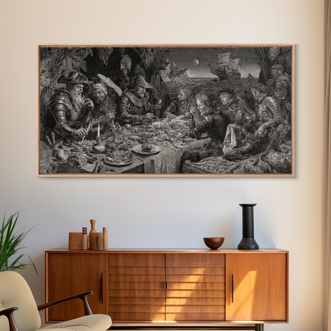 The Ghost Pirate Picnic, Renaissance Engraving Art, Wide Panoramic Art, Gothic Horror Wall Art, Canvas Print, Halloween Wall Art