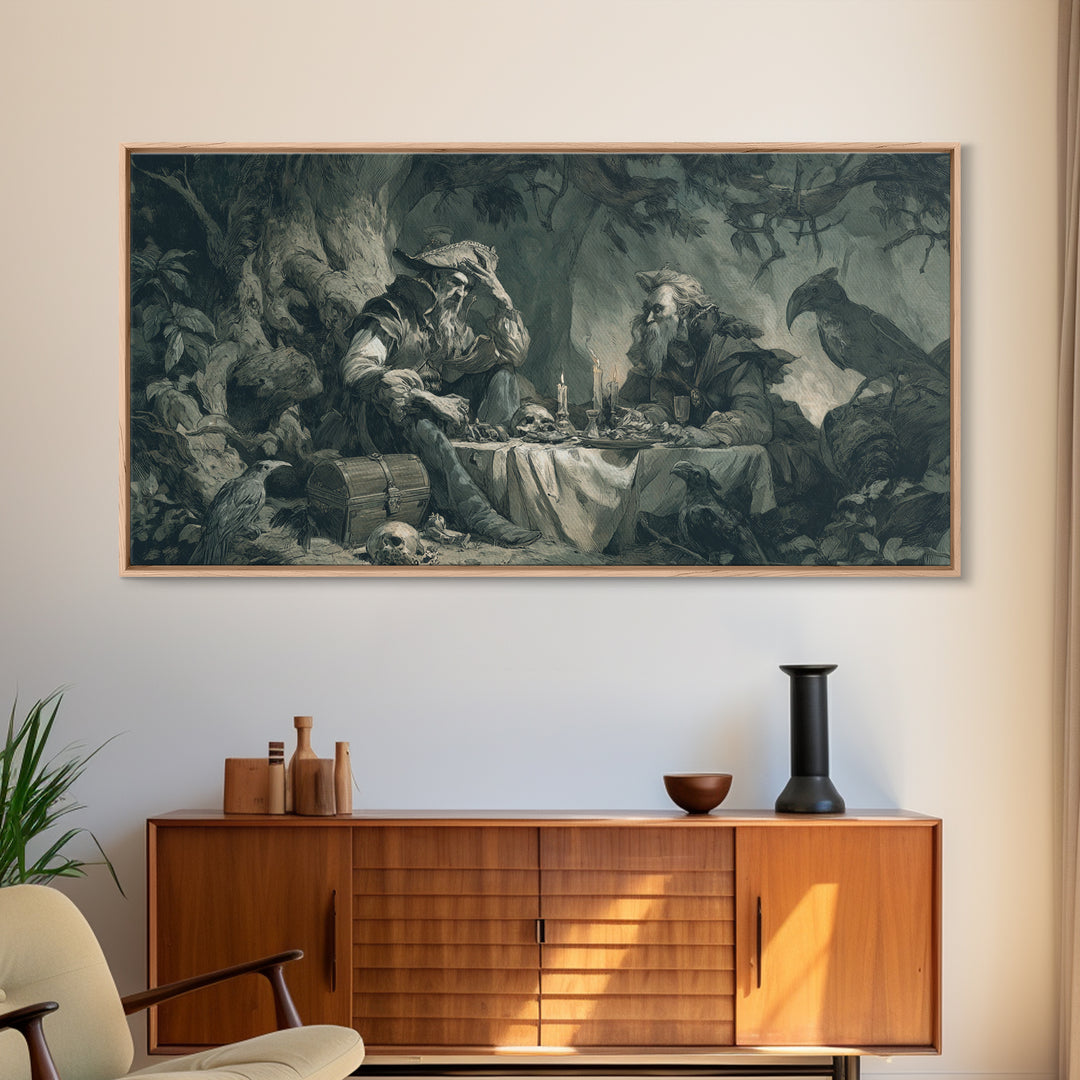 The Ghost Pirate Picnic, Baroque Witchcraft Art, Wide Panoramic Art, Gothic Horror Wall Art, Framed Canvas Print, Halloween Wall Art
