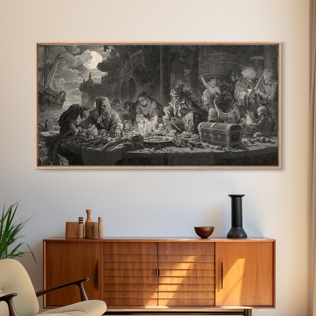 The Ghost Pirate Picnic, Architectural Etching Art, Wide Panoramic Art, Dark Halloween Decor, Framed Canvas Print