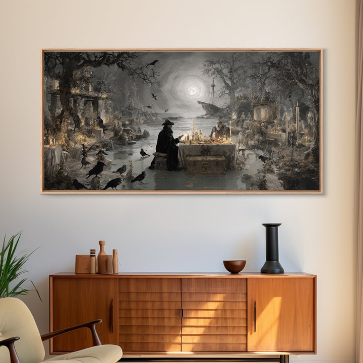 The Ghost Pirate Picnic, Romantic Gothic Landscape, Wide Panoramic Art, Macabre Wall Art, Framed Canvas Print, Halloween Wall Art