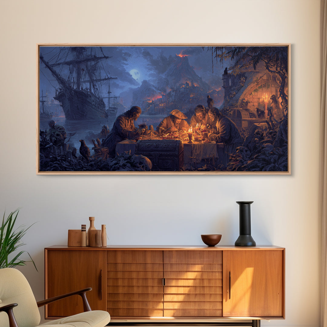 The Ghost Pirate Picnic, Apocalyptic Romantic Art, Wide Panoramic Art, Macabre Wall Art, Framed Canvas Print, Halloween Wall Art