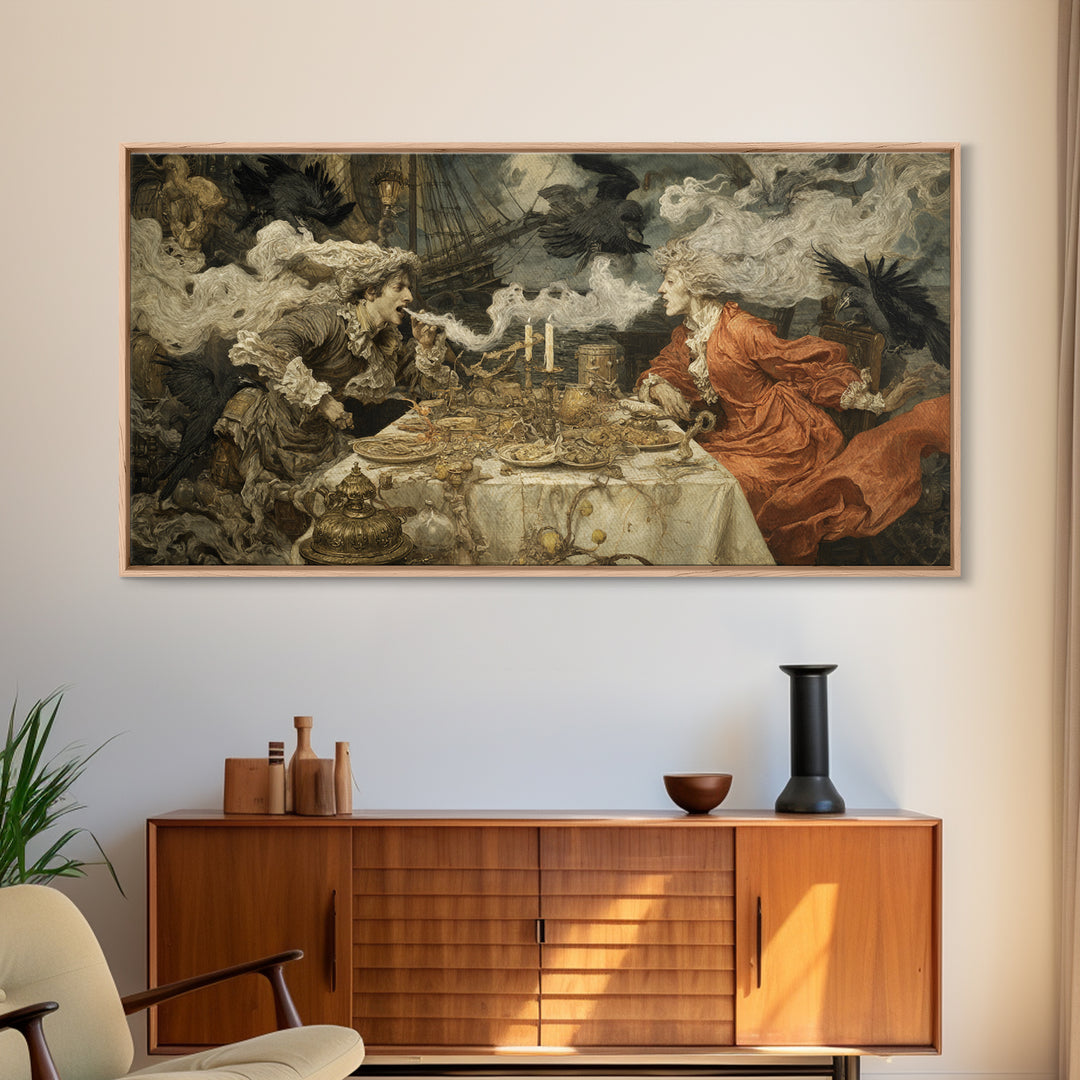 The Ghost Pirate Picnic, Ornate Symbolist Art, Wide Panoramic Art, Dark Halloween Decor, Canvas Print, Halloween Wall Art