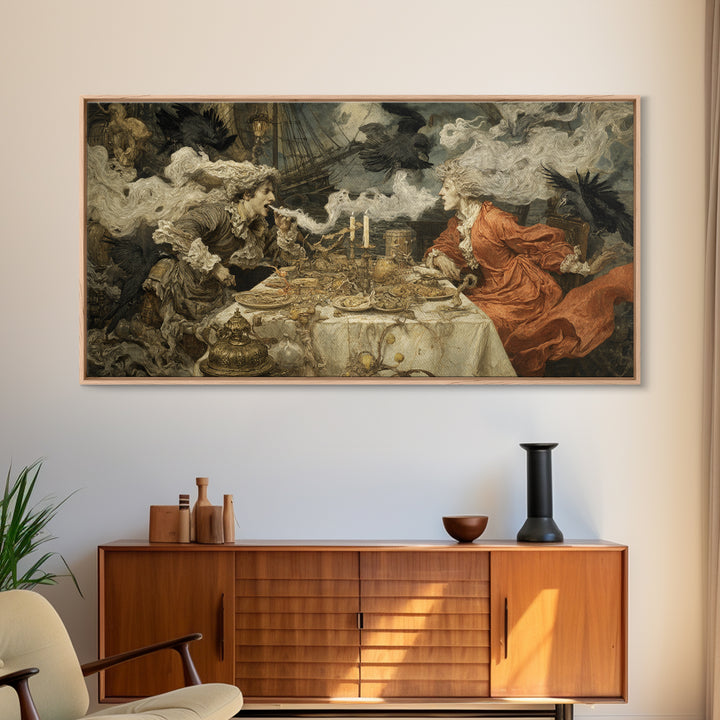 The Ghost Pirate Picnic, Ornate Symbolist Art, Wide Panoramic Art, Dark Halloween Decor, Canvas Print, Halloween Wall Art