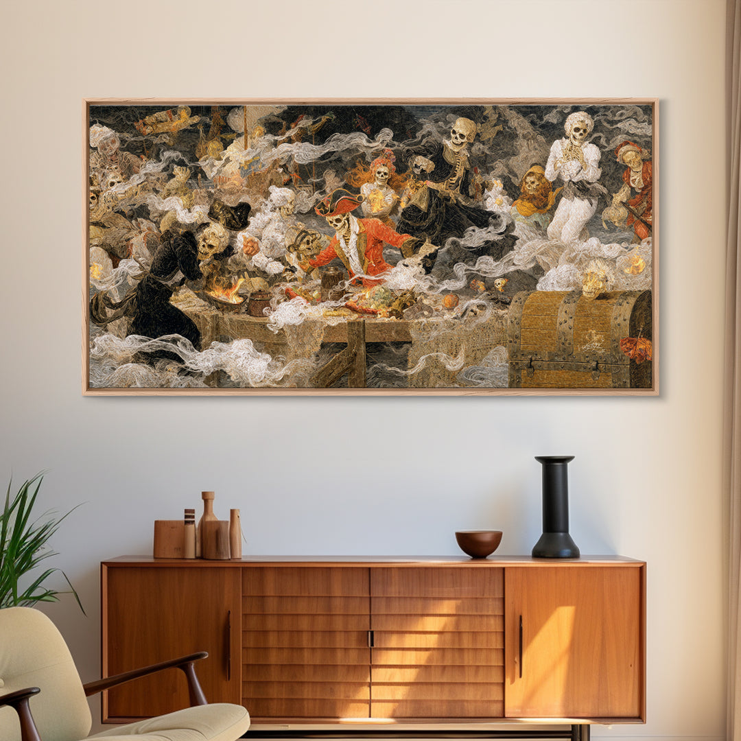 The Ghost Pirate Picnic, Grotesque Carnival Art, Wide Panoramic Art, Dark Fantasy Wall Art, Framed Canvas Print, Halloween Wall Art
