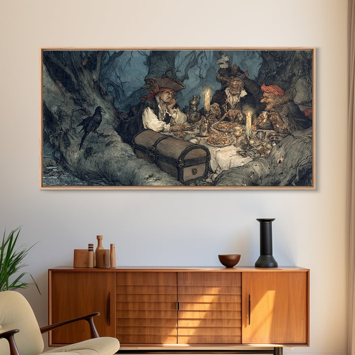The Ghost Pirate Picnic, Gothic Storybook Art, Wide Panoramic Art, Dark Fantasy Wall Art, Canvas Print, Halloween Wall Art