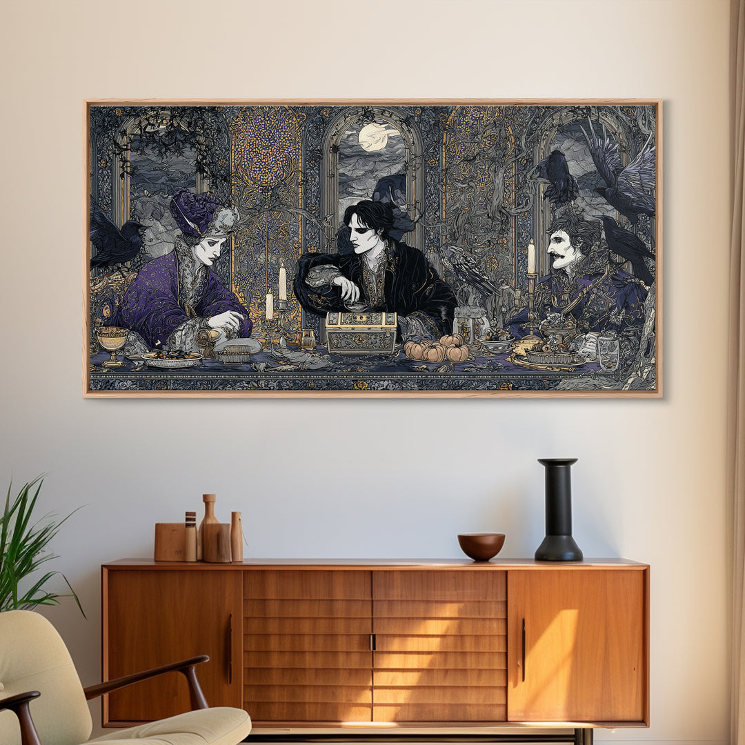 The Ghost Pirate Picnic, Stained Glass Gothic Art, Wide Panoramic Art, Dark Halloween Decor, Framed Canvas Print, Halloween Wall Art