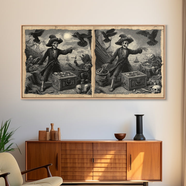 The Ghost Pirate Picnic, Macabre Folk Print Art, Wide Panoramic Art, Dark Fantasy Wall Art, Framed Canvas Print, Halloween Decor