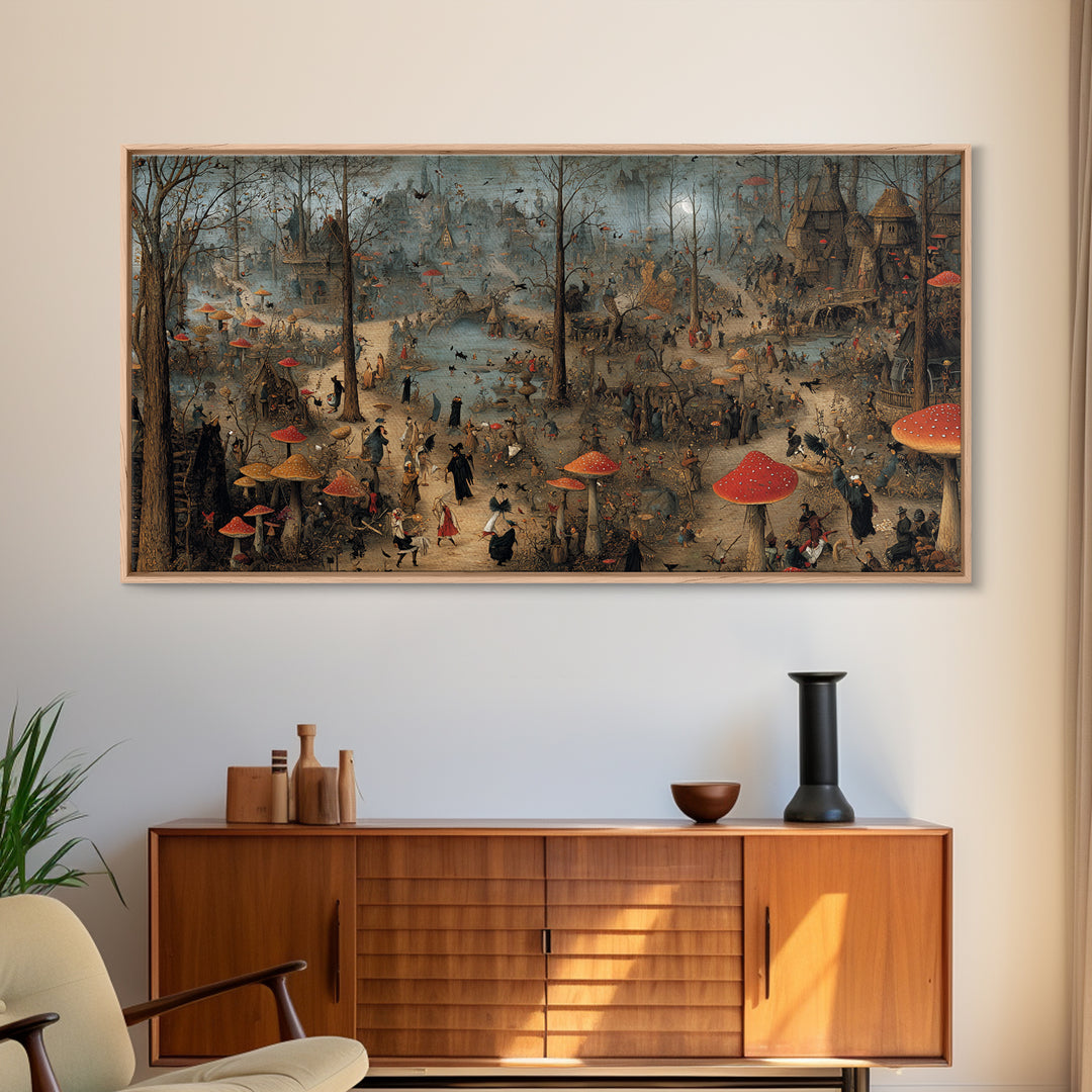The Moonlit Mushroom Village, Northern Renaissance Horror, Wide Panoramic Art, Macabre Wall Art, Canvas Print, Halloween Wall Art