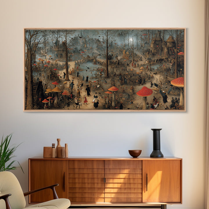 The Moonlit Mushroom Village, Northern Renaissance Horror, Wide Panoramic Art, Macabre Wall Art, Canvas Print, Halloween Wall Art