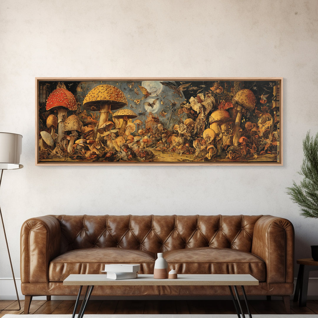 The Moonlit Mushroom Village, Dark Renaissance Art, Extra Wide Wall Art, Dark Fantasy Wall Art, Framed Canvas Print