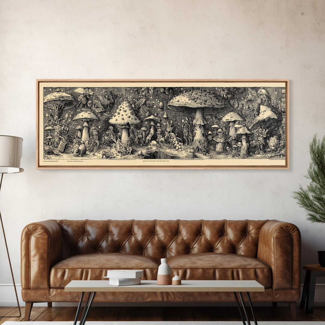 The Moonlit Mushroom Village, Renaissance Engraving Art, Extra Wide Wall Art, Dark Halloween Decor, Framed Canvas Print, Macabre Wall Art
