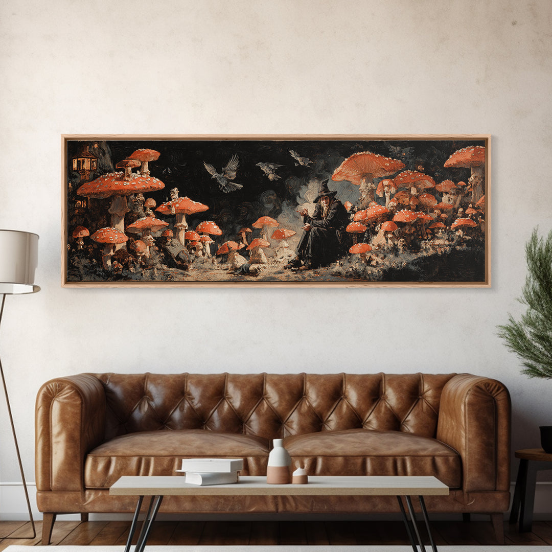 The Moonlit Mushroom Village, Dark Romantic Horror Art, Extra Wide Wall Art, Dark Fantasy Wall Art, Canvas Print, Halloween Wall Art