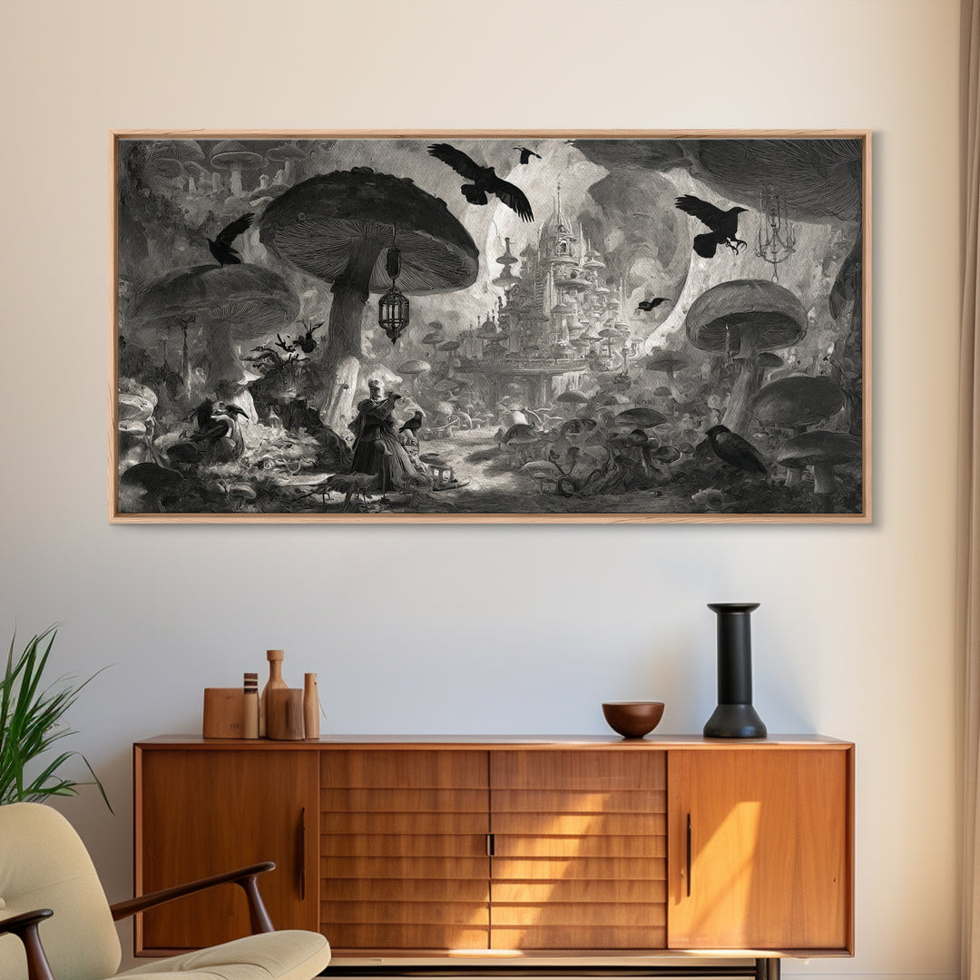 The Moonlit Mushroom Village, Architectural Etching Art, Wide Panoramic Art, Gothic Horror Wall Art, Canvas Print